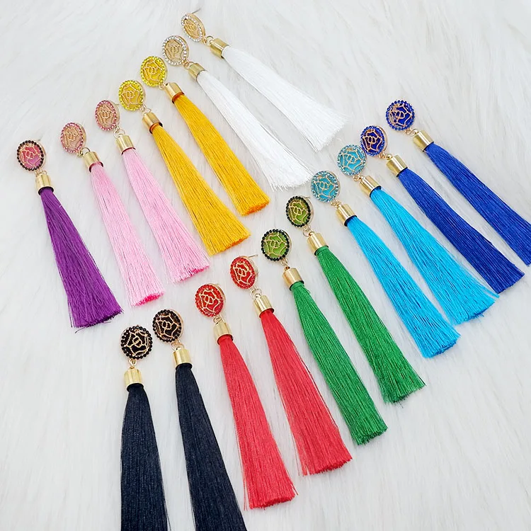 

Gold Rose flower Metal Long Fan Tassel Thread Drop Earrings For Women, Picture