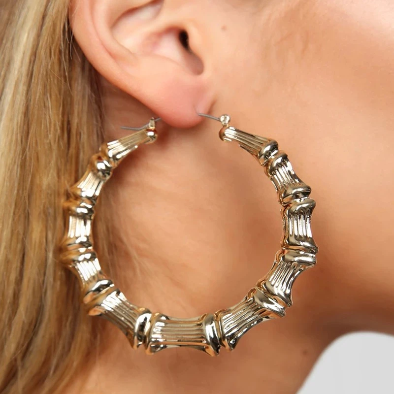 

Latest New Design Custom 18k Gold Plated Jumbo Earrings Big Hoop Bamboo Earring Bulk Chunky Round Circle Geometry Bamboo Earring