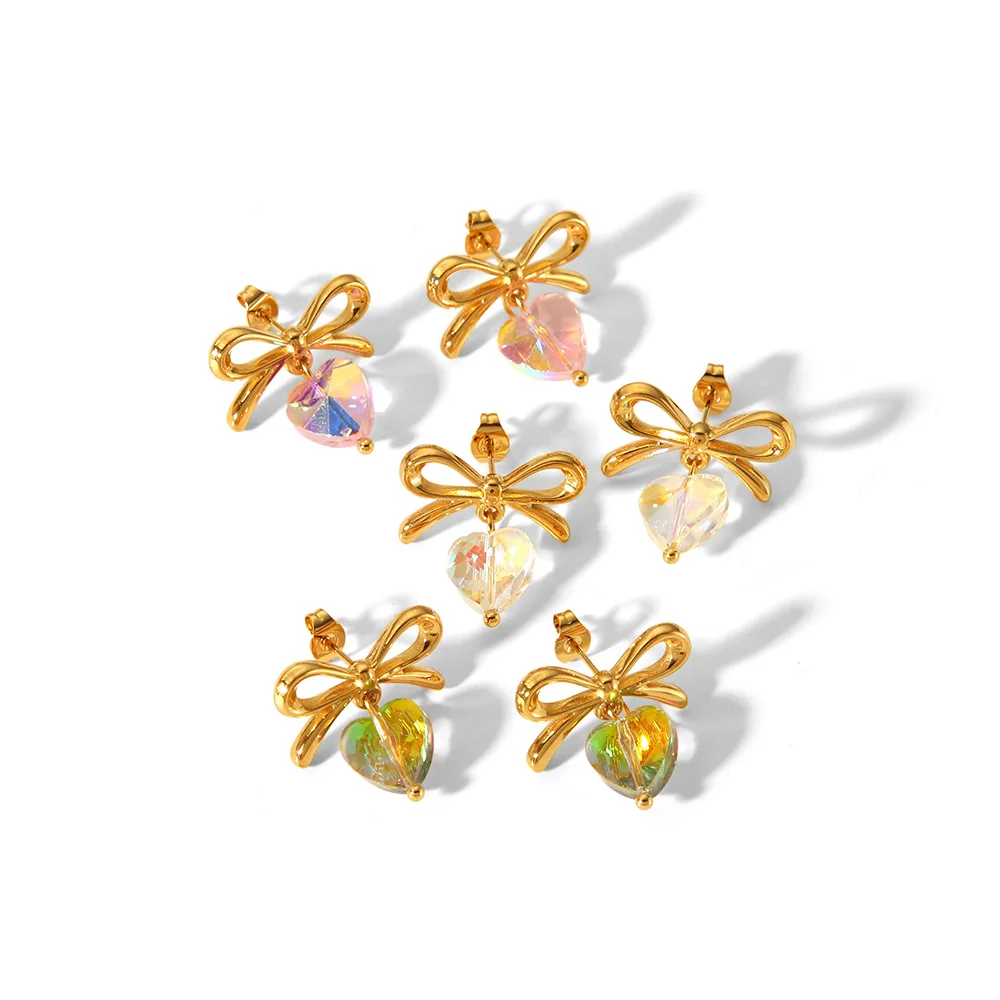 YF3798 Stainless Steel Tar Free Jewelry 18k Gold Plated Bow Heart Colored Zircon Waterproof Earrings Women
