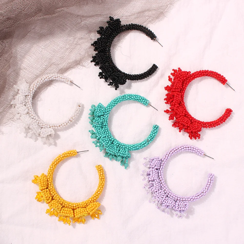 

Big Circle Round Drop Earrings Bohemian Statement Dangle Earrings Ear Accessories Colorful Sead Beaded Hoop Earrings for Women, As picture show