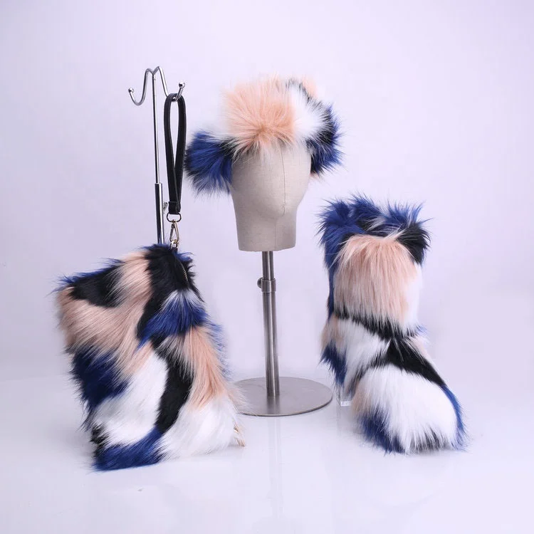 

Winter fashion Fake Fur boots with colorful headband match lady handbags as set