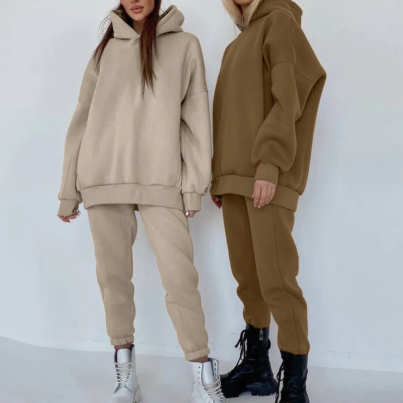 

2021 OEM Custom Tracksuit Fleece Ladies Hoodie Sweat Sets Baggy Casual Female Two Piece Solid Color Women Jogger Set, Accept custom color