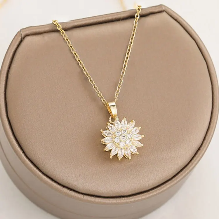 

SC Tiktok Hot Shinny CZ Stone Flower Spinning Necklace Women Fashion Stainless Steel Double Layer Rotating Sunflower Necklace