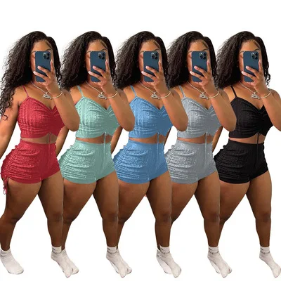 

Latest hot sale womans summer set clothing sexy vest drawstring two piece set women's casual short set