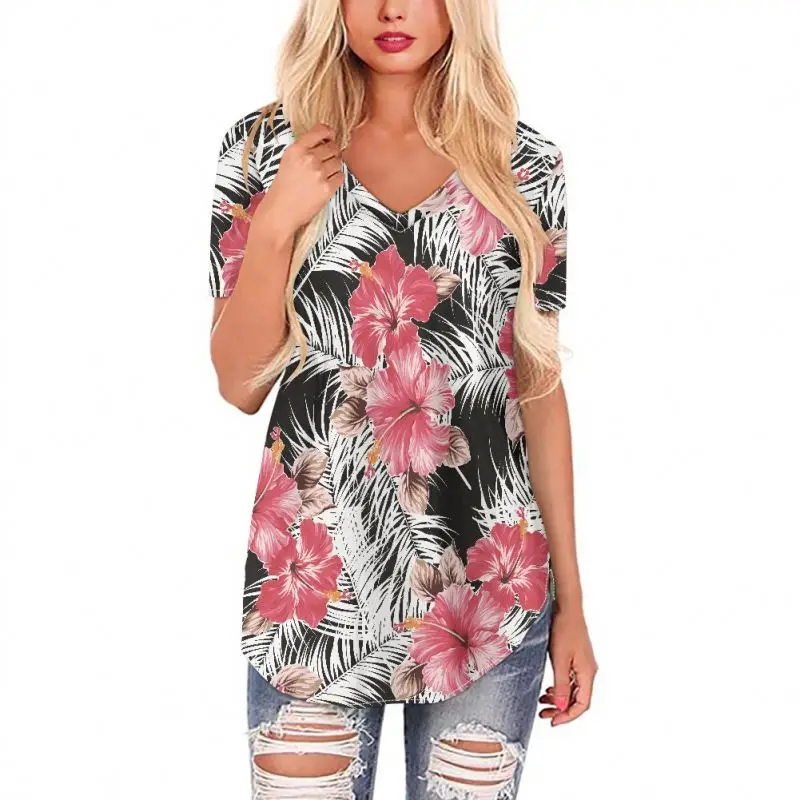 

2022 Polynesian Hibiscus and Leaves Print T-shirt Sexy Women Summer V Neck Tshirts Short Sleeve Tees Shirts Loose Fit Casual, Customized color