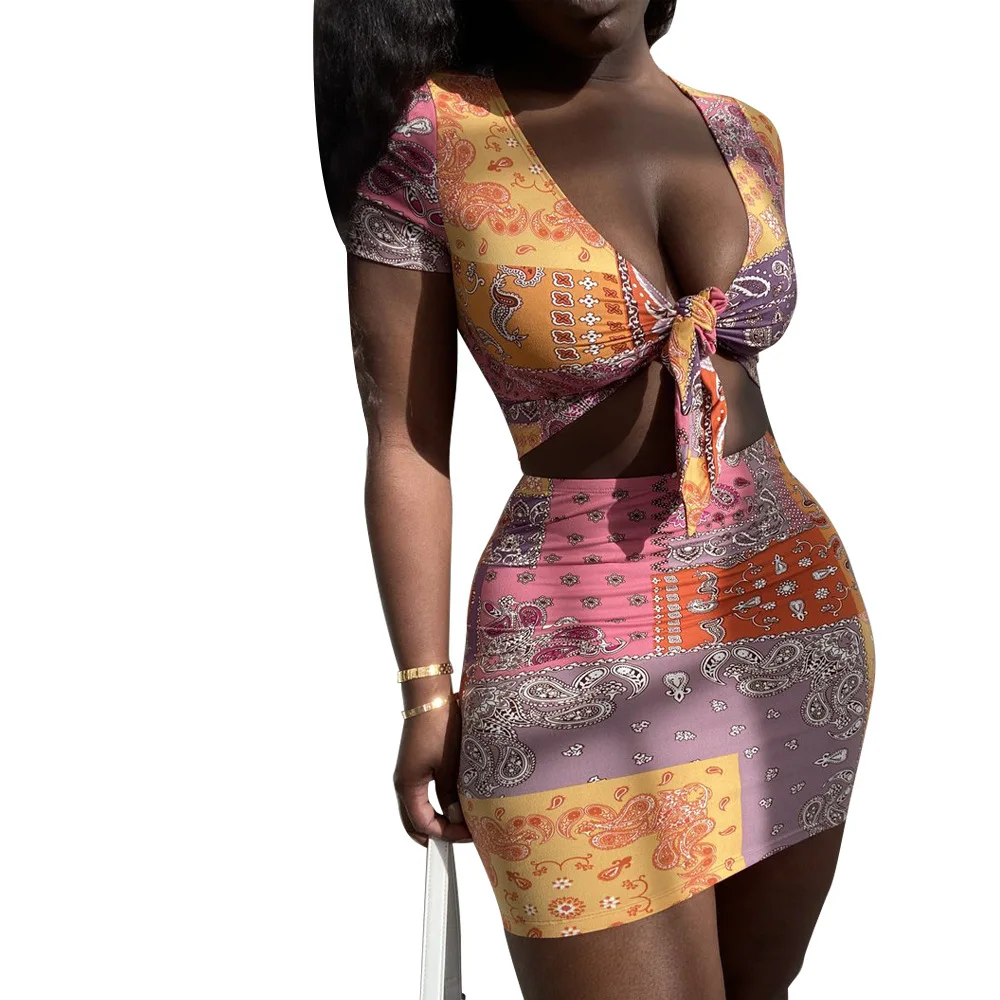 

10325-MX64 bodycon mini painted crop top women dress two piece sets sehe fashion