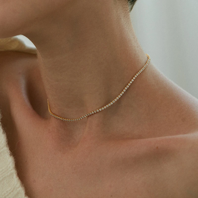 

Square Continuous Cubic Zircon Dainty Necklace Brass Shiny Choker Necklaces for Women Elegant Minimalist 18K Gold Plated Jewelry, Gold/silver