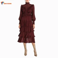 

Australian retro court style fall latest design stand fashionable collar women clothing 2019 long puff sleeve layered dress