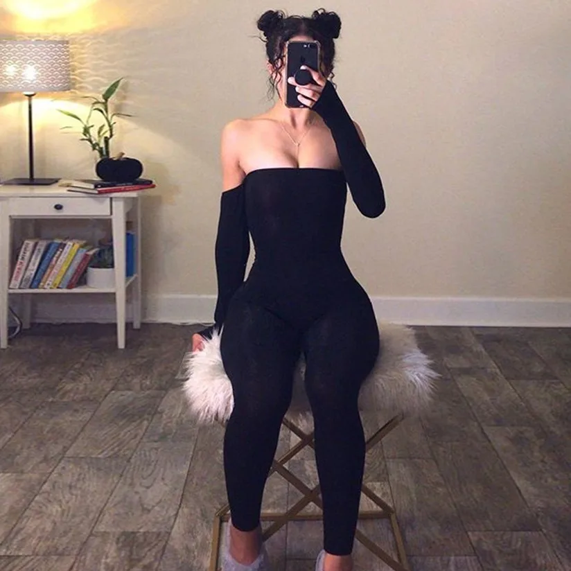 

X00233M 2020 hot style Women's one-line shoulder sexy jumpsuit street style solid color slim suit The base price wholesale, Black