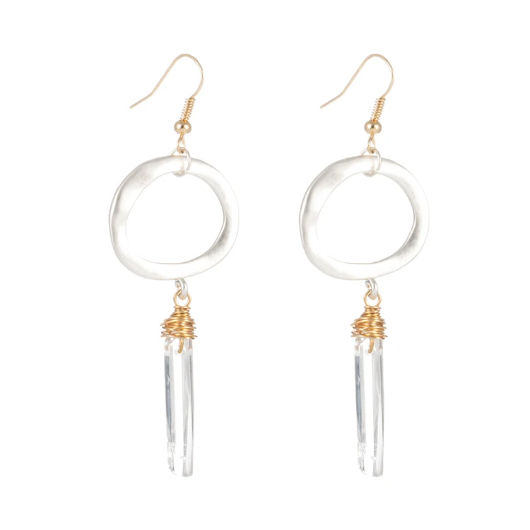 

Fashion Silver Circle Handmade Gold Wire Wrapped Clear Crystal Quartz Hook Earrings