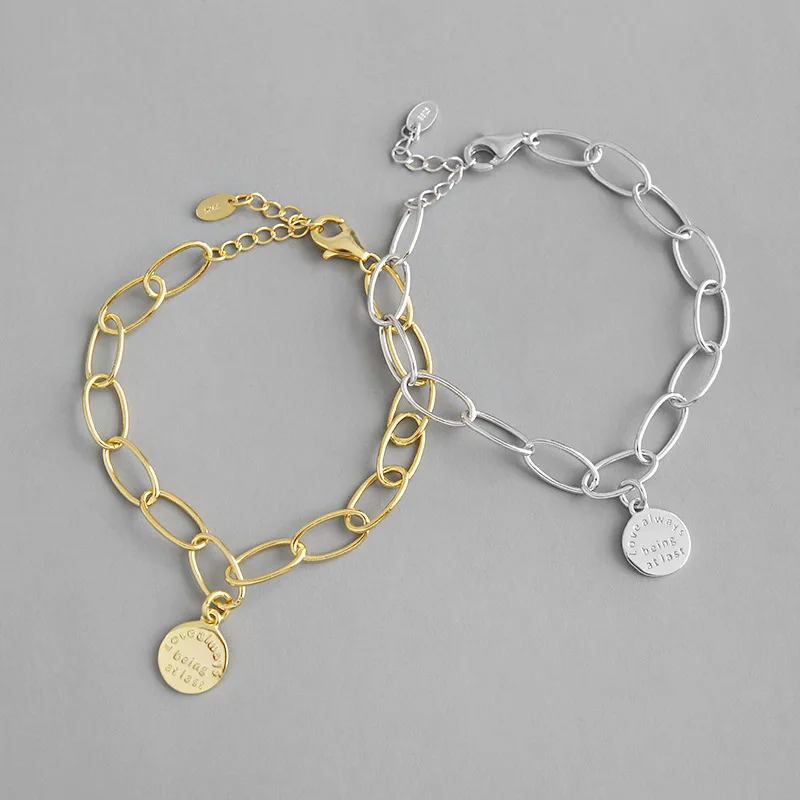 

INS Love Always Being At Last Letter Drop S925 Bracelet Gold Tone Chunky Chain 925 Sterling Silver Coin Pendant Bracelet