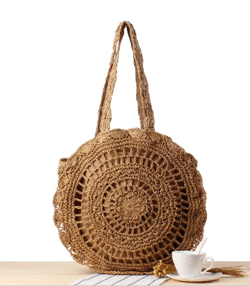 

Women Straw Handbag Knitted Handmade Wave Satchel Large Crochet Shoulder Straw Beach Top Handle Tote Bag, Khaki,beige,brown