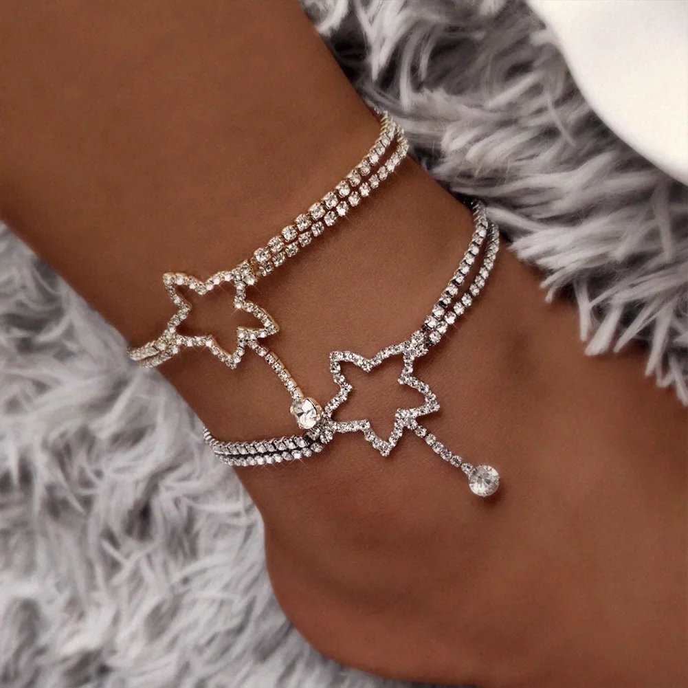 

Lovely Elegant Two Layer Hollow Up Crystal Pave Star Small Bead Pendent Anklet Party Jewelry, Gold,silver color