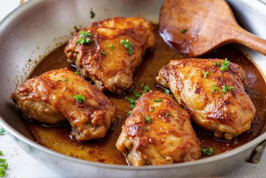 Perfectly caramelized ginger soy chicken thighs with visible glaze in stainless steel skillet