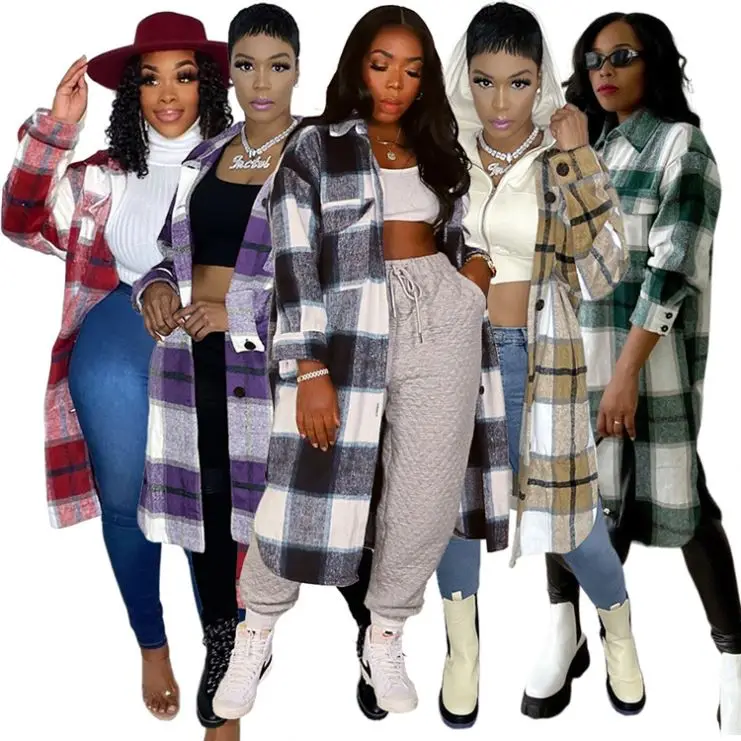 

Trending winter women clothing Plaid Long Coats For Women Casual Pockets Shirt Jacket Coat Cardigan Women