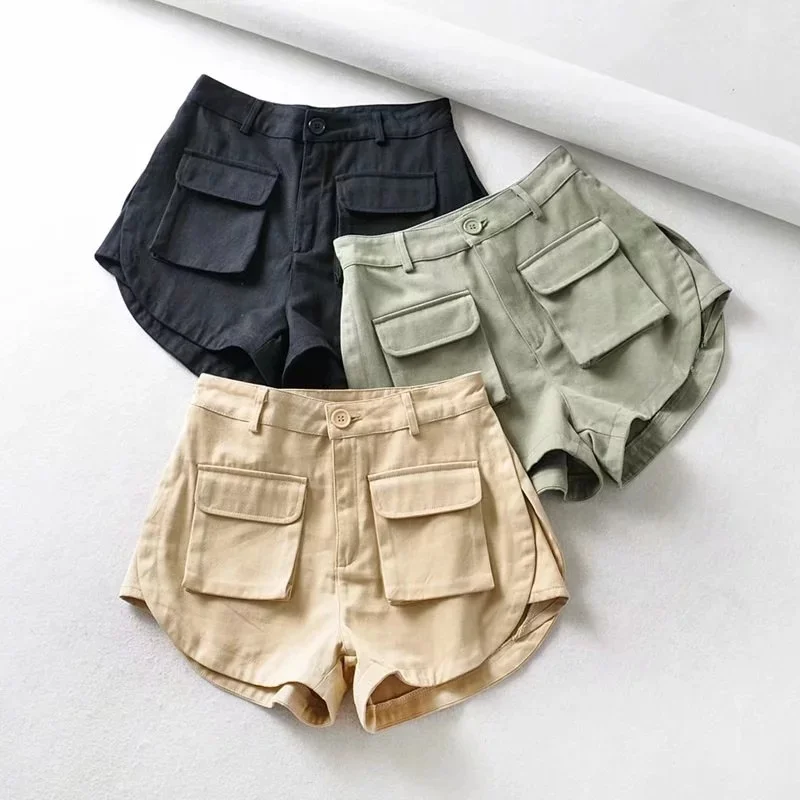 

XQM Thin Cargo Shorts High Waist Double Pocket Women'S Clothing Retro Loose Slacks New Retro High Waist Shorts