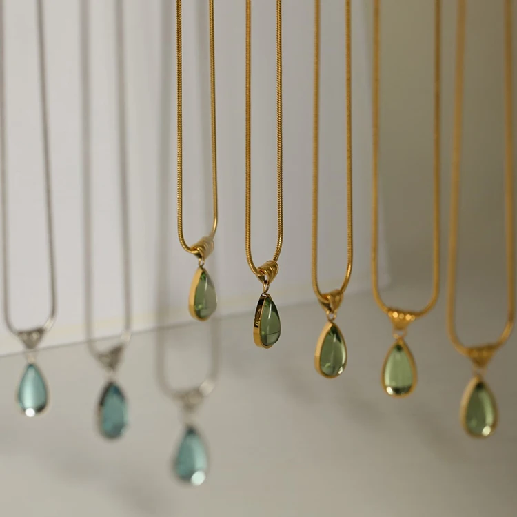 

G2278 Wholesale collier 18K Gold Plated Stainless Steel Glass Green Blue Waterdrop Emerald Pendant Necklace Jewelry for women