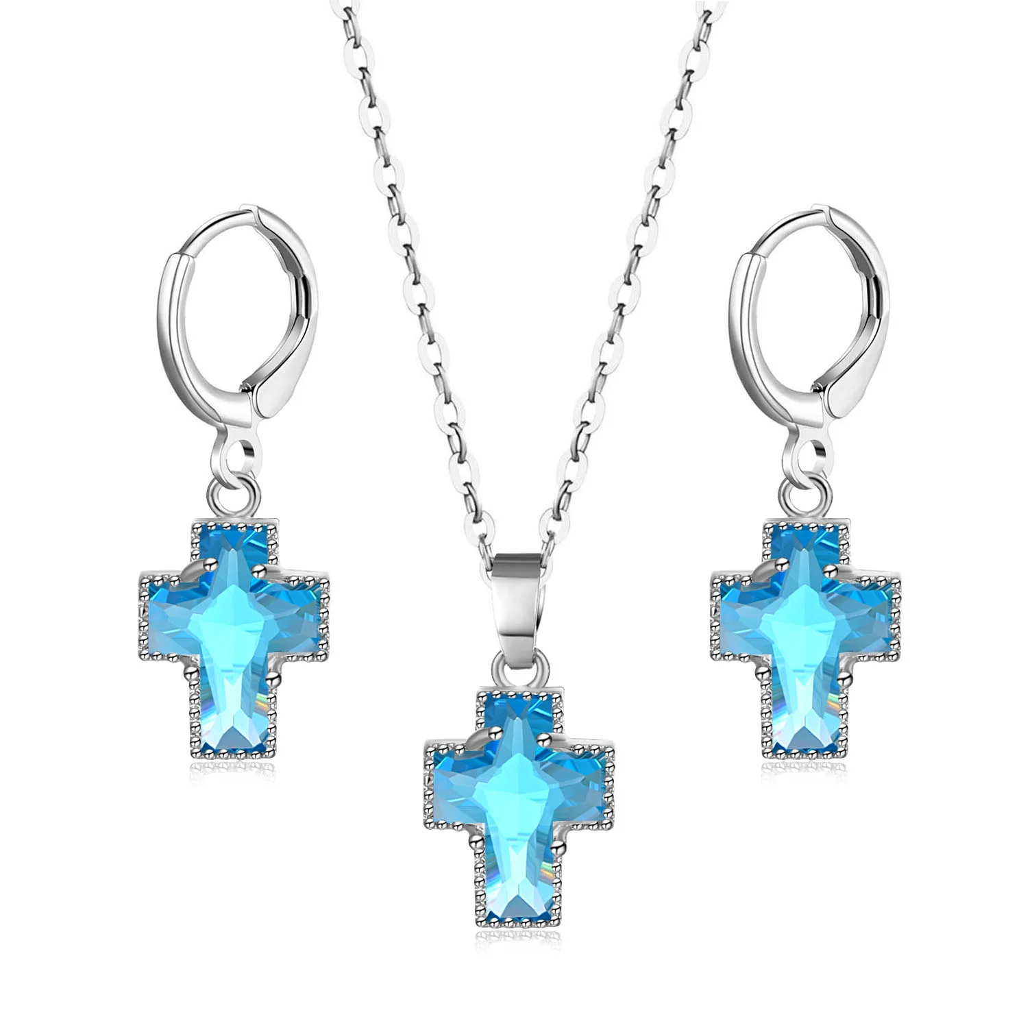 

White Crystal Cross Necklace Earrings 3 Time Plated Prevent Allergy Women Girl Kids Blessing Jewelry Sets, As picture