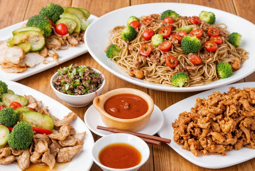 Various dishes featuring Fly by Jing Sichuan Chili Crisp as ingredient including noodles, vegetables, and dipping sauce