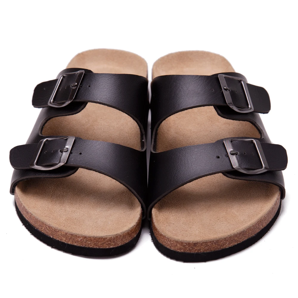 

Men's Leather Slide Sandals 2-Straps Adjustable Buckle Arch Support Casual Slippers Slide Cork Shoes, Black