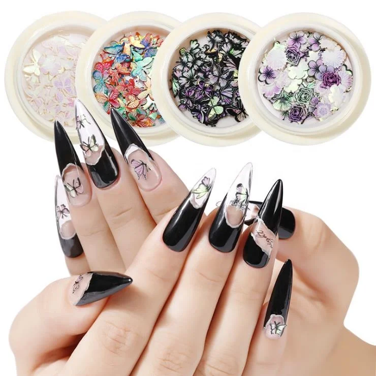 

New design lasers pure handmade 3d butterfly nail wood pulp confetti chips nails sticker