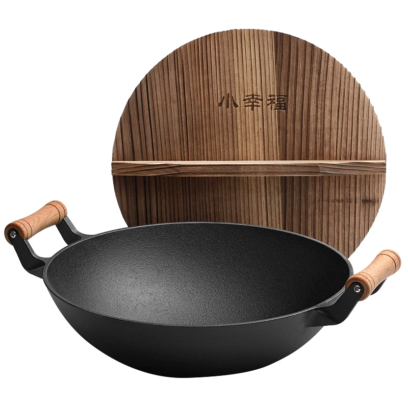 

Household Uncoated Thick Double-Ear Casseroles Wok Cast Iron Wok Pan With Wooden Handle