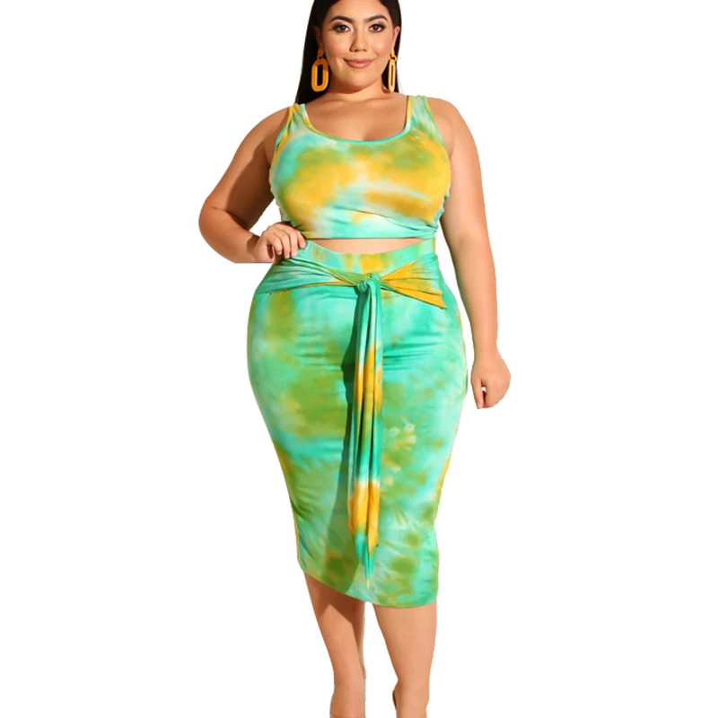 

Fashion women ready to ship tie dye plus size women two piece set top with skirt plus size set, Black
