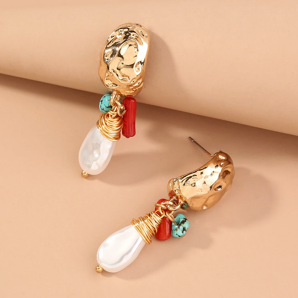 

Fashionable C Shaped Alloy Earrings With Natural Turquoise Red Coral Baroque Pearl Pendant