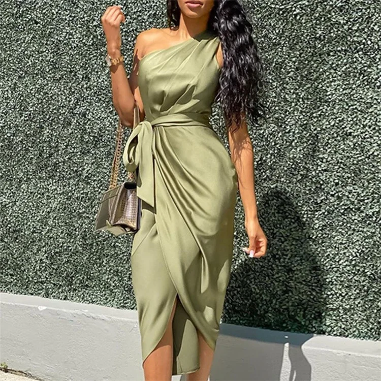 

High quality sexy women satin off shoulder dark green slim ladies dress with belt