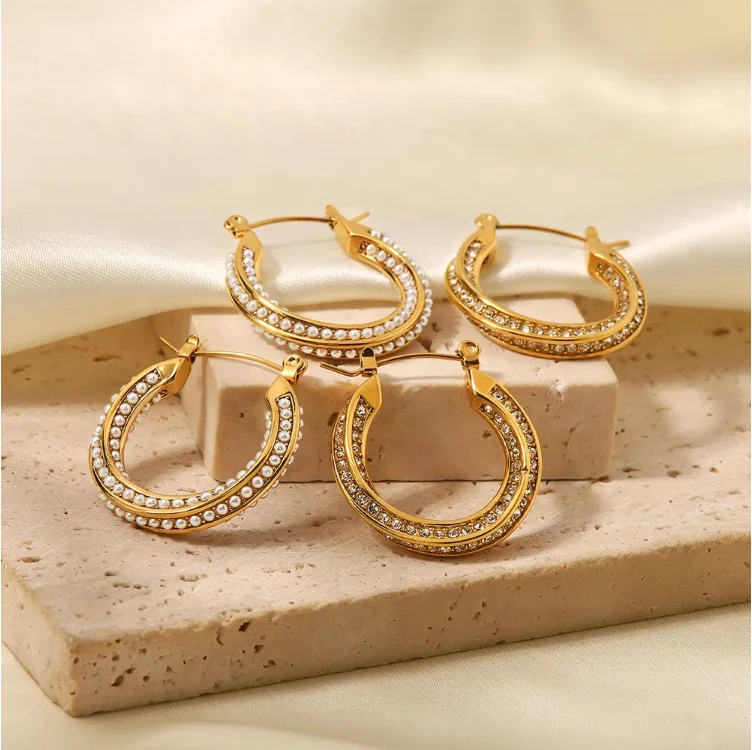 

Waterproof Twist Hoop Earrings Zircon Inlaid Stainless Steel 18K Gold Plated Fashion Pearl Large Earrings Jewelry