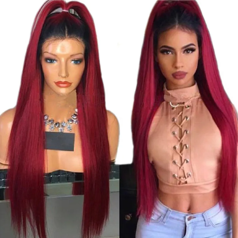 

Private Label Red Straight Wig Lace Front Synthetic Hair Wigs Brazilian 13*6 Lace Realistic Plucked With Baby Hair Frontal Wigs, Black