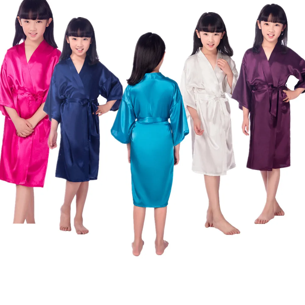 

Wholesale Girls Solid Silk Satin Kimono Robes Kids Children Bathrobe Sleepwear Bath Nightgown for Wedding Spa Party Birthday, As show