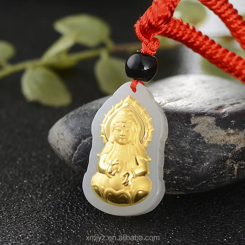 

Certified Gold Inlaid 3D 4D Hetian Jade Pure Gold\ Flame Guanyin Buddha Pendant Factory Wholesale