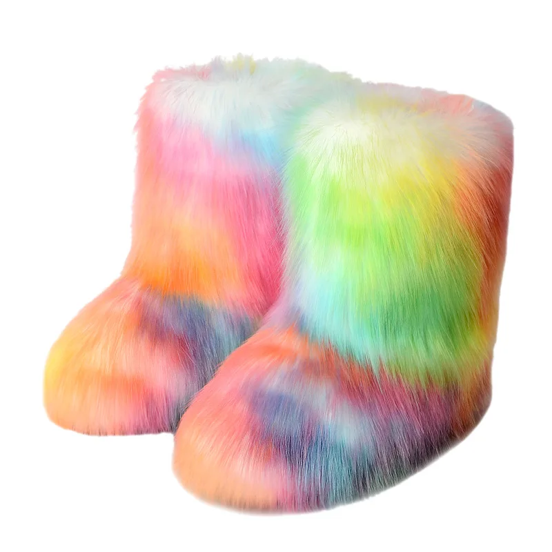 

Big Size EU36 To 44 Winter Home Plush Cotton Women Fluffy Rainbow Platform Boots Ladies Warm Faux Fur Snow Boots, Green rainbow lake-blue yellow pink orange