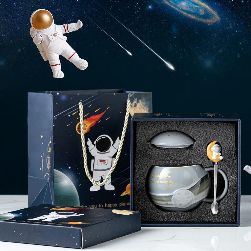 

420ml Creative Personality Astronaut Planet Ins Ceramic Coffee Mug Gift Box Office Water Cup with Cover and Spoon