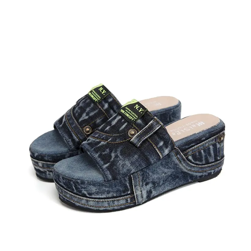 

2021 wholesales new arrivals style female summer casual slides shoes women block bottom ladies denim sandals and slippers, Denim blue