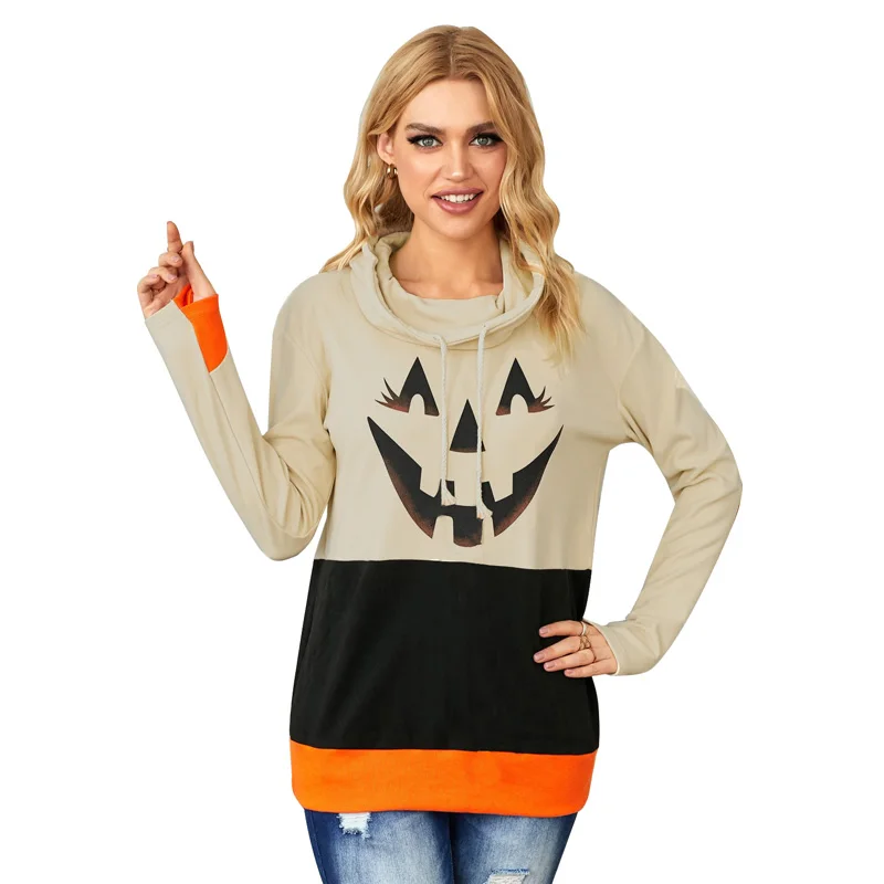 

Wholesale Halloween Clothes Pumpkin Print Cowl Neck Color Block Sweatshirt