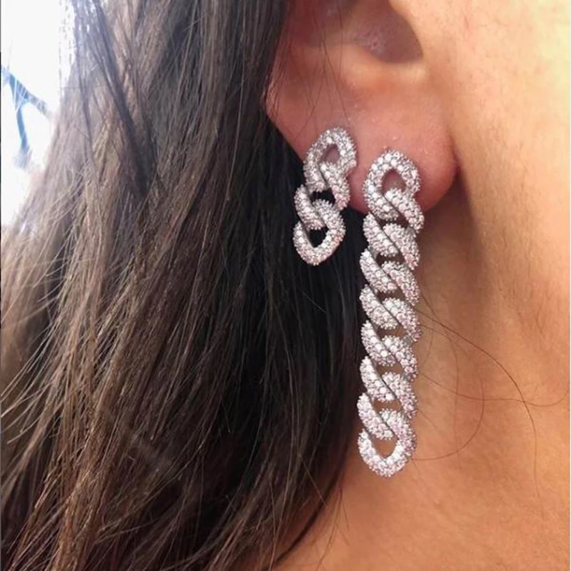 

Iced out bling women jewelry micro pave cz 10mm Miami cuban link chain mismatched dangle earring