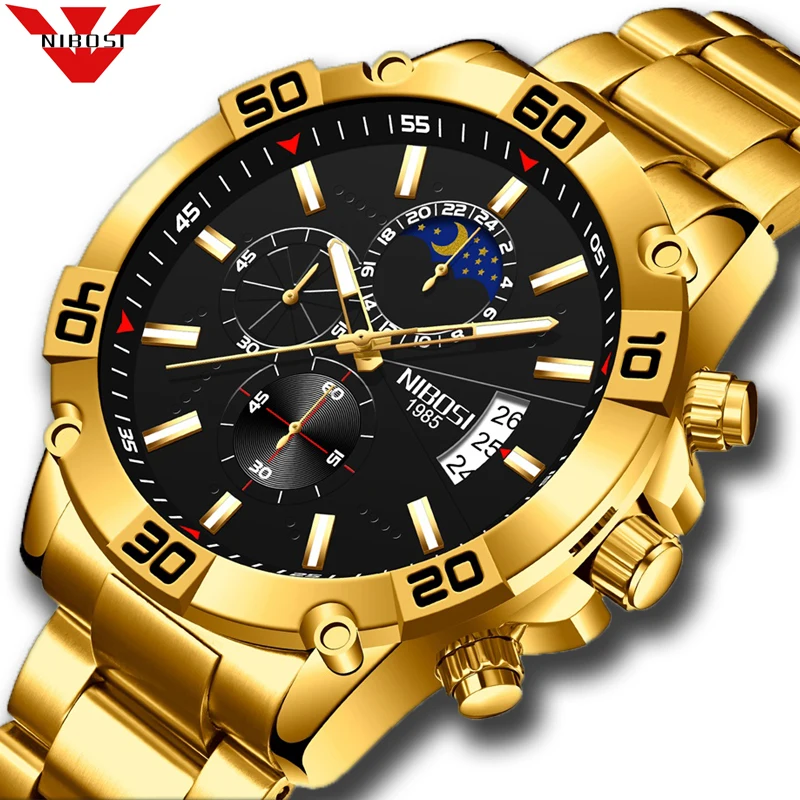 

NIBOSI Luxury Brand Stainless Steel Watch Calendar Waterproof Luminous Quartz Men's Military Chronograph 2502