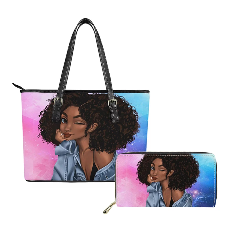 

2021 Fashions Women Purses And Handbags 2 Piece Set Black Art American African Girls Printed Unique Shape Bags Handbags Women, Customized color