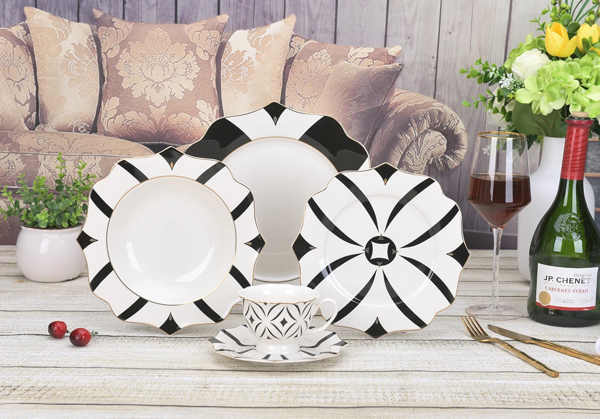 Geometric Waves Round Oval Bone China Fine Dining Dinnerware Plate Set