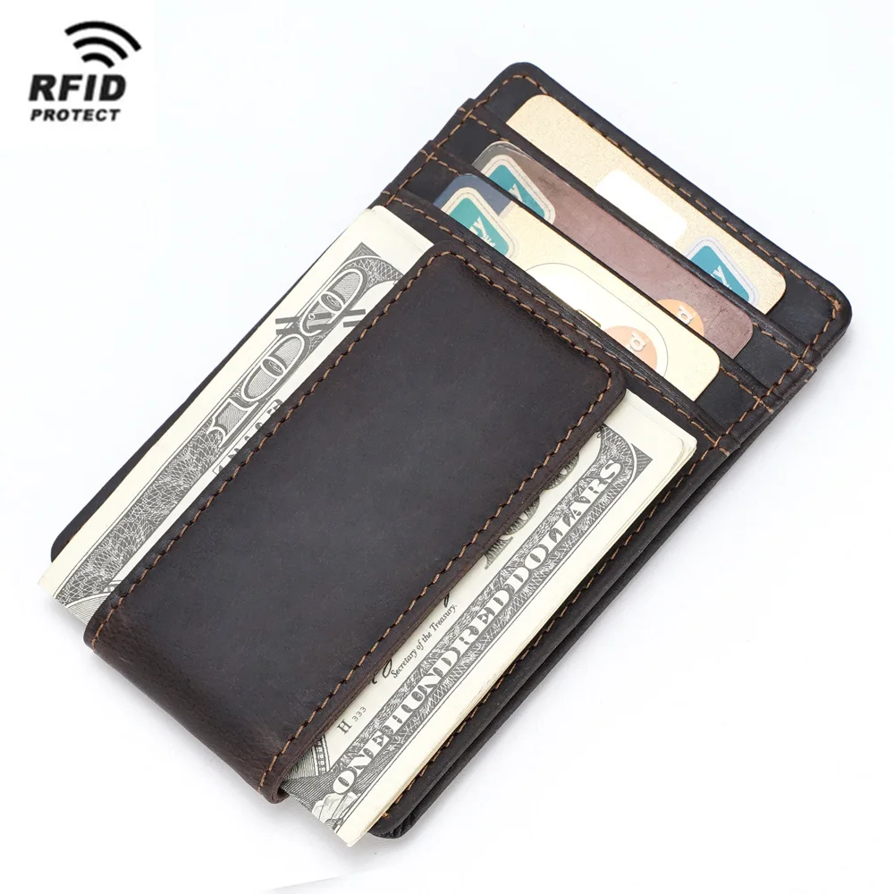 

TIDING Men Custom Logo RFID Blocking Slim Front Pocket Wallet Thin Strong Magnet Genuine Leather Money Clip