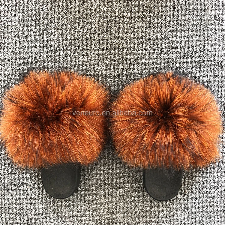 

China wholesale luxury raccoon colorful fur sandals ladies slipper outdoor big furry raccoon fur slide for women, Customized color