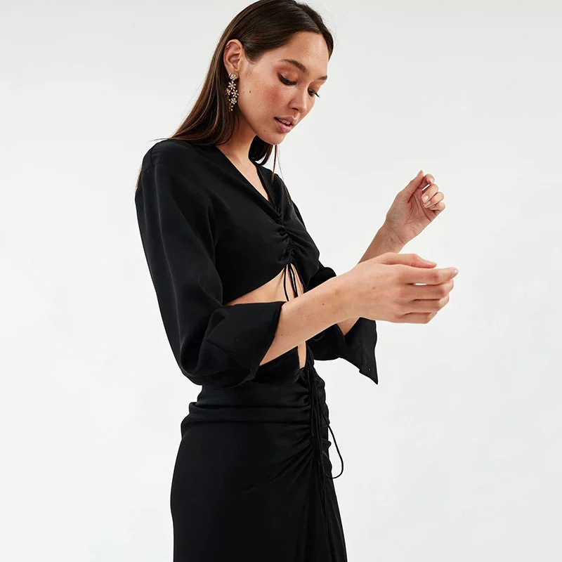 

Women Casual Clothing Sexy Long Sleeve V Neck Drawstring Hollow Out Club Evening Maxi Dresses, Black,white