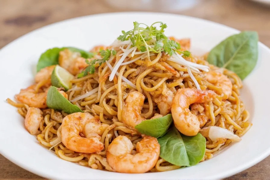 Plate of Pad Thai from Pepper Tree Thai restaurant showing rice noodles, shrimp, bean sprouts, and garnishes