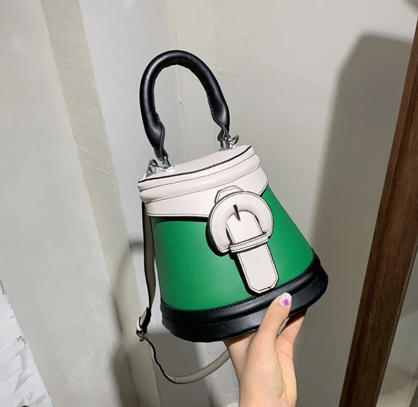 

2021 Summer Contrast Color Leather Cute Small Bucket Bag New Fashion Bucket Purse Handbag For Women, 4 colors