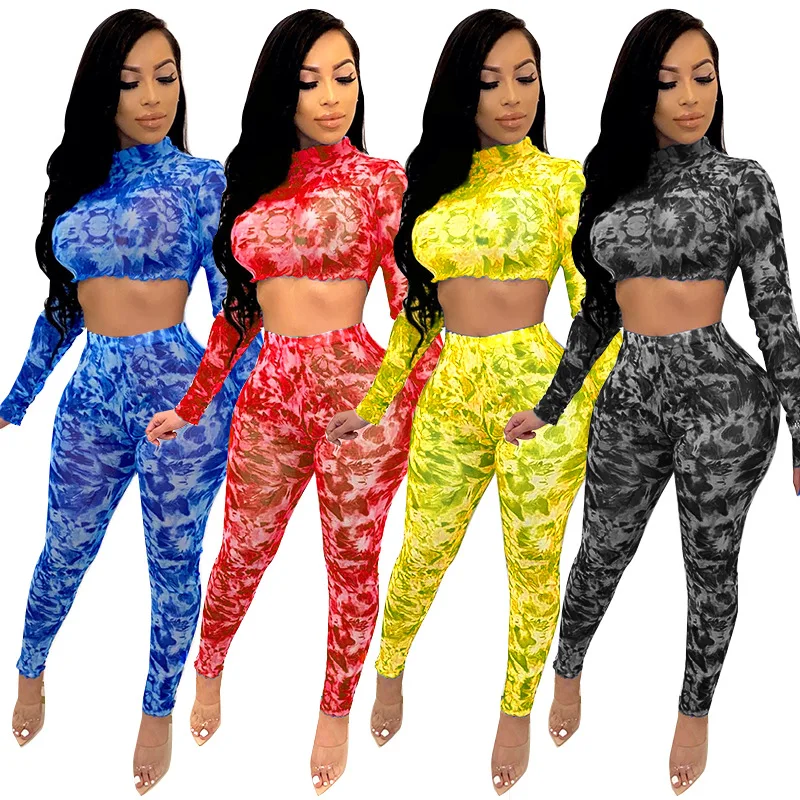 

Fashion Two Piece Set For Women Long Sleeve Turtleneck Crop Tops And Long Pants Suit Female 2020 Streetwear Clothing Outfits, Printed