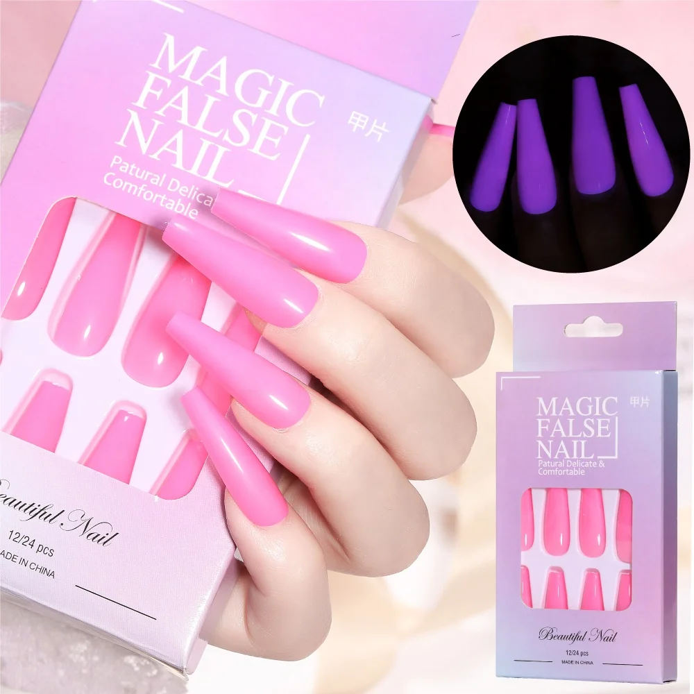

24pcs/Box Luminous Long Ballet Wearable Nail Patch Solid Color Removable With jelly glue false nails Press on Nails, Picture
