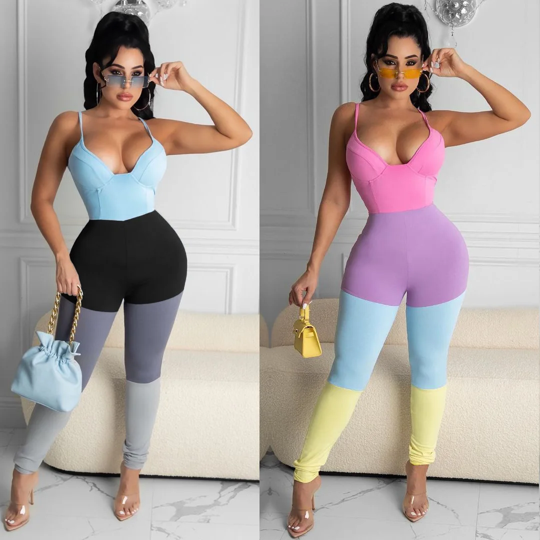 

Women Jumpsuit Patchwork Spaghetti Strap Sheath Elastic Bodycon Jumpsuits High Street Fashion Outfit Summe