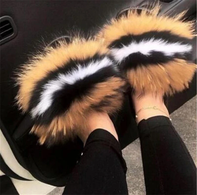 

2021 Summer EVA Real Mink Fluffy Sandals Ladies Big Furry Fox Slippers House Shoes Fashion Raccoon Fur Slides for Women, As pictures or customized colors